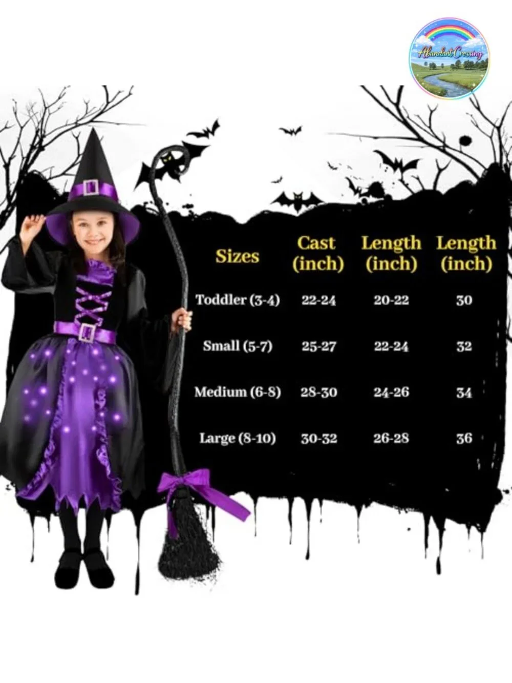 Girls Witch Costume Light-Up Dress with Hat Wand Halloween Role Play
